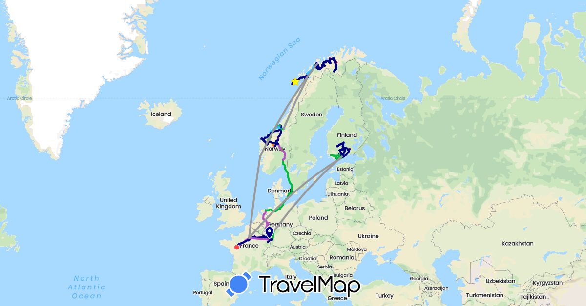 TravelMap itinerary: driving, bus, plane, train, hiking, boat, hitchhiking in Germany, Finland, France, Netherlands, Norway (Europe)